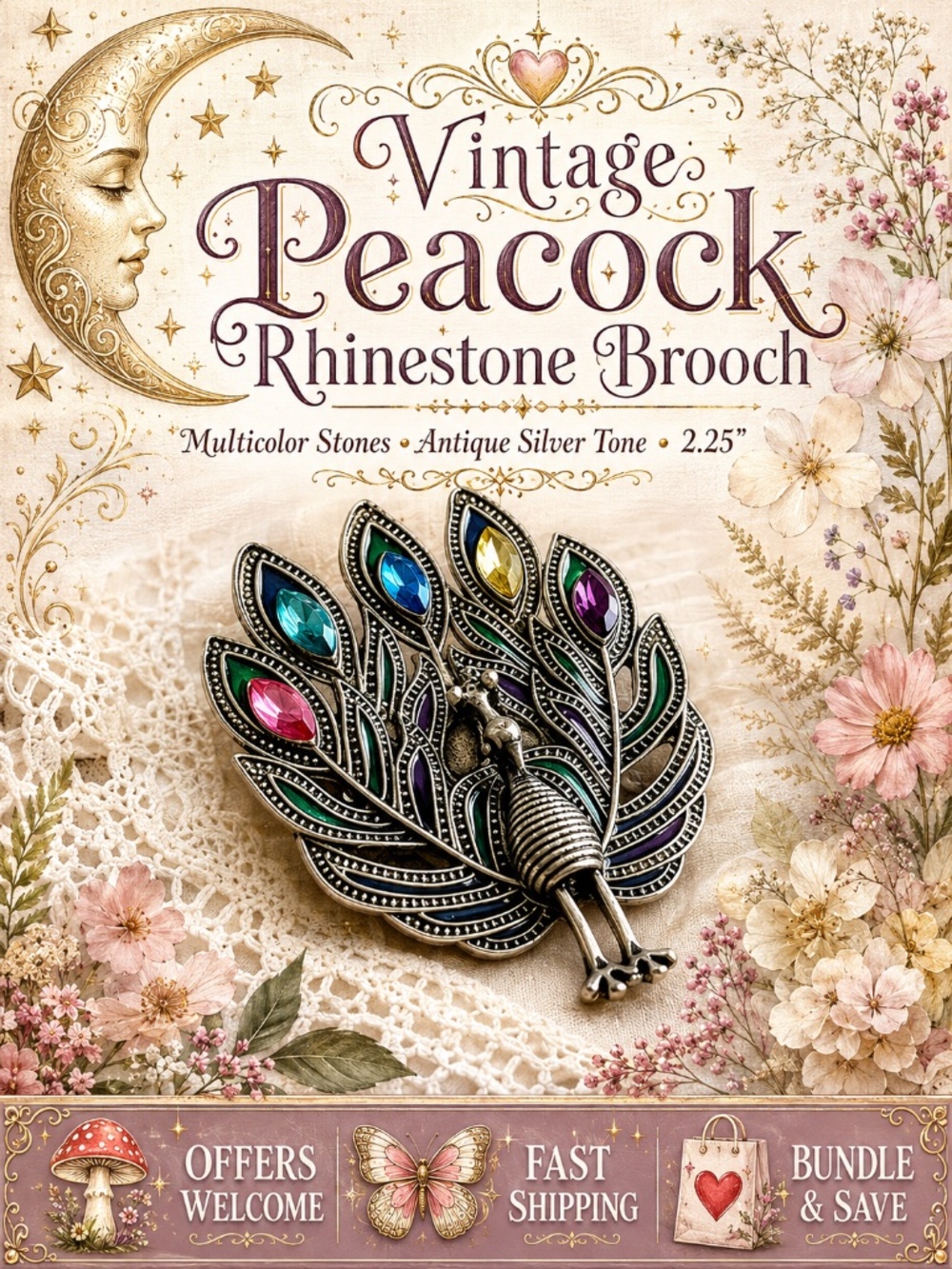 Vintage Peacock Brooch Multicolor Rhinestones Antique Silver Tone 2.25”